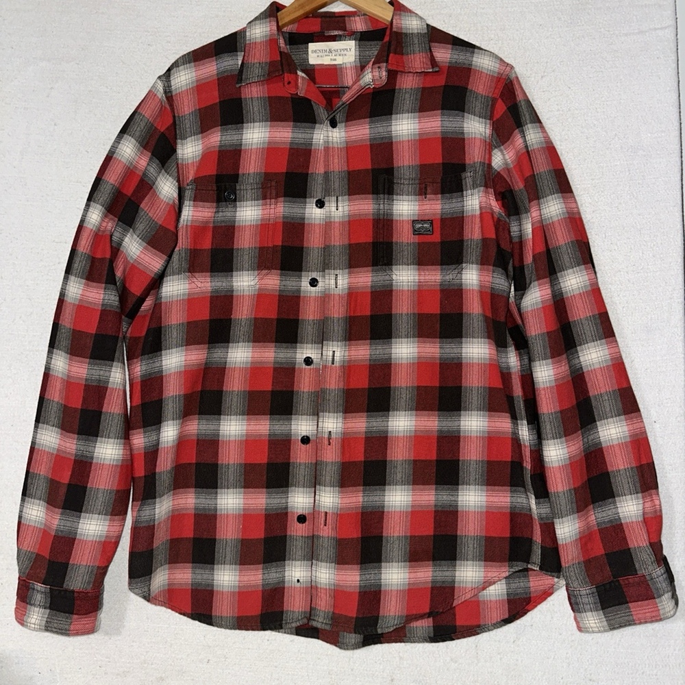 EUC VTG Denim & Supply Ralph Lauren Flannel Shirt Sz L Red Blk Plaid LongSleeve
